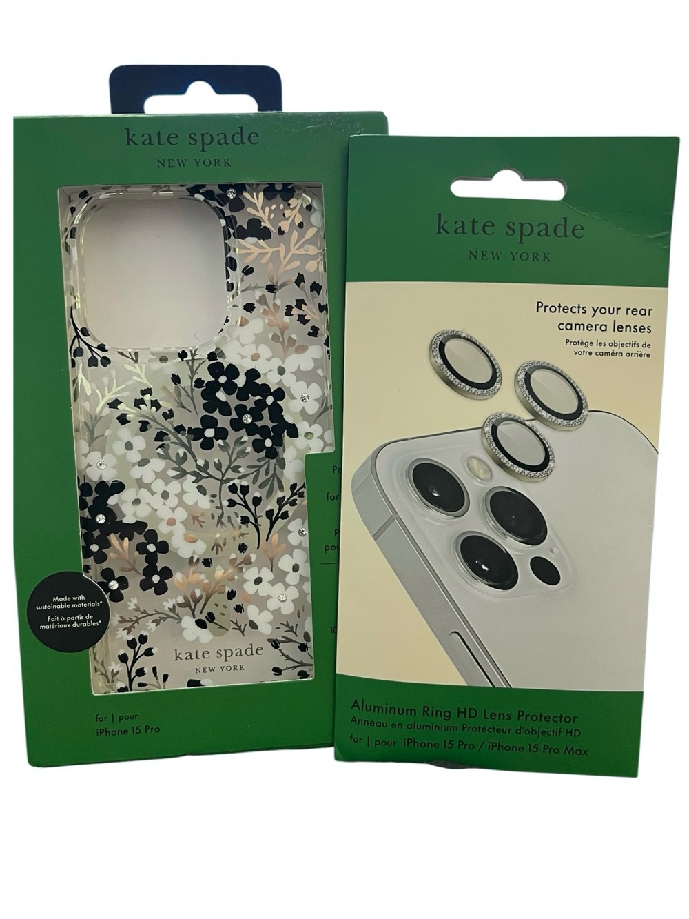 Kate Spade NY iPhone 15 Pro Bundle Floral Case+Rhinestone Camera Lens Protector